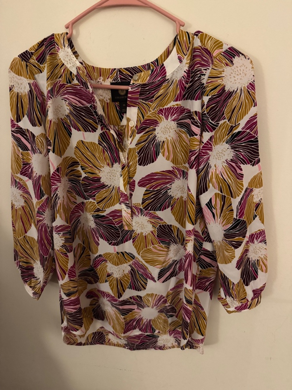 JM Collection Floral Henley Blouse - White/Mustard/Pink